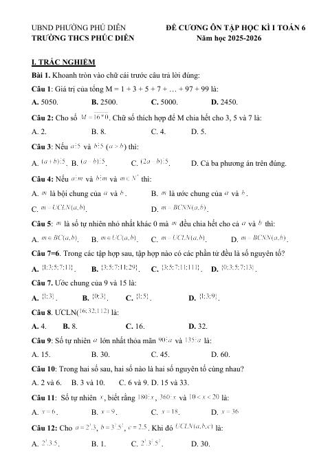 Đề cương học kì 1 Toán 6 năm 2025 – 2026 trường THCS Phúc Diễn – Hà Nội (bản Word)